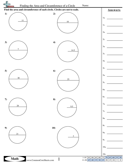 Area & Perimeter Worksheets - Area and Circumference Circle worksheet